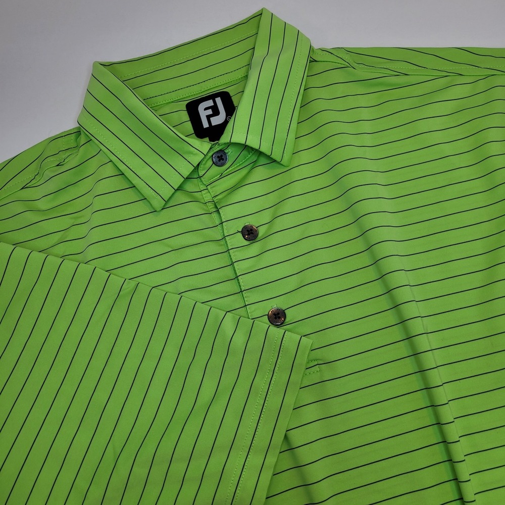 Footjoy Golf Polo Shirt Mens L Lime Green Blue Pin Stripe Performance (Read)